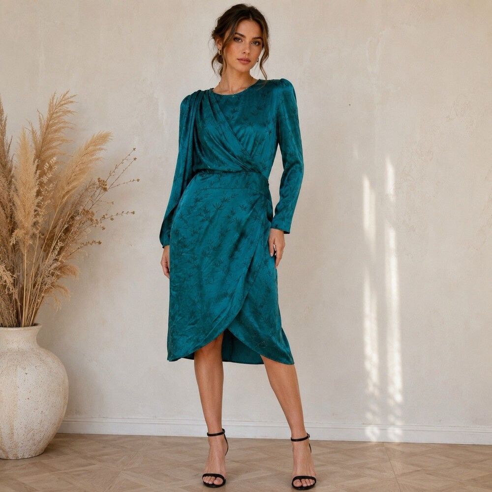 Ronny Kobo Teal Jade Silk Midi Draped Dress Sz XL Elegant Minimalist Old Money